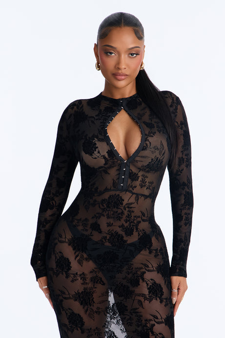 Sasha Flocked Sheer Mesh Midi Dress